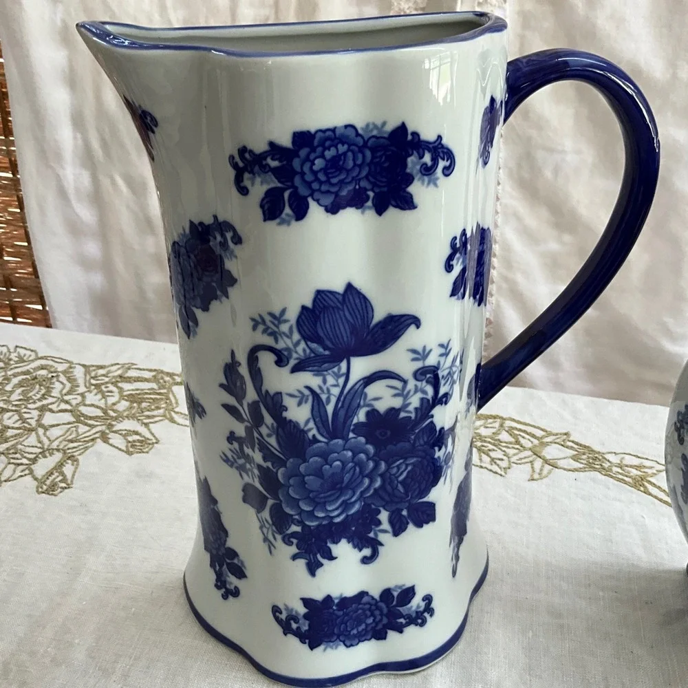 Blue White Floral Chinoiserie Wall Pocket Pitcher Ceramic Vases Cottagecore 2pc
